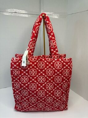Tory Burch Logo Strawberry Red & White Terry Tote Bag-NEW-Style 148687-600
